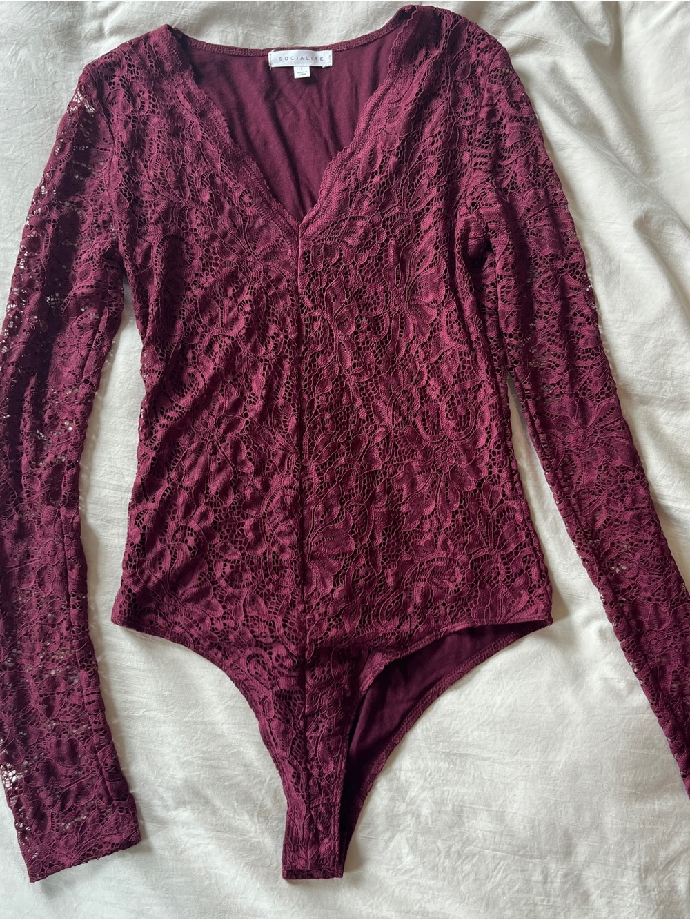 Socialite Wine Lace Long-Sleeve V-Neck Bodysuit